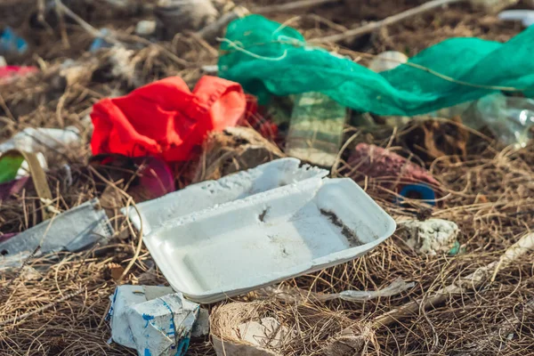 Tumpahan sampah daur ulang di hutan. Kosong digunakan limbah kotor busa putih plastik kotak makan siang sekali pakai Polusi total lingkungan, masalah ekologi, pemanasan global, orang tidak peduli — Stok Foto