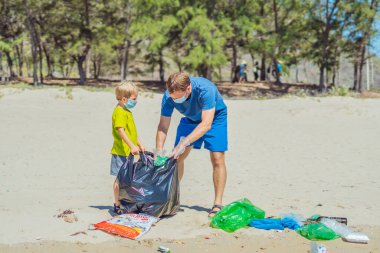 Volunteer blue face mask forest sand beach. Son helps father hold black bag for pick up garbage. Problem spilled rubbish trash planet pollution environmental protection. Natural children education clipart