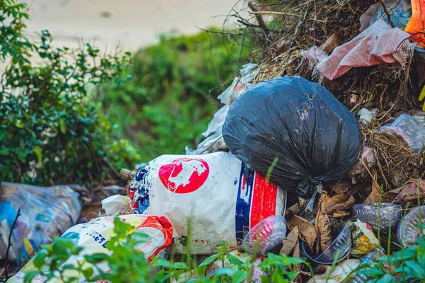 Tukang daur ulang yang tertumpah membuat sampah di hutan dekat kota. Kosong digunakan limbah kotor botol plastik tutup tas dan kotak kertas karton. Polusi total lingkungan, masalah ekologi, pemanasan global — Stok Foto