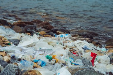 Deniz kenarı su arka planında taşların üzerine canlı beyaz çöpler döküldü. Büyük plastik bardaklar ve poşetler. Çevre kirliliği, ekolojik sorun, küresel ısınma, insanların umurunda değil