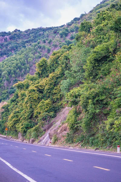 Time change future concept. Beauty panorama Nature landscape Dry asphalt empty automobile road marking lines forested nebula mountain background evening misty sky, early autumn or late summer foliage