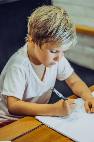 Potret anak laki-laki Preschool lucu berambut pirang memegang buku catatan pena terlihat serius tekun belajar menulis, ekspresi wajah gerakan. Masalah pendidikan perilaku anak-anak, konsep home school — Stok Foto