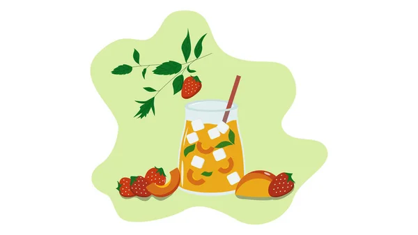 夏季果汁 鸡尾酒 柠檬图解 绿色背景 夏季水果 烈性酒 草莓和凤尾鱼 — 图库照片