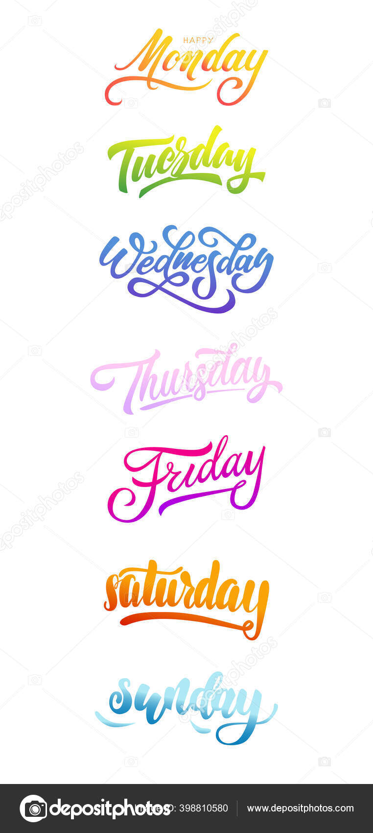 Vetor de Handwritten days of the week monday, tuesday, wednesday, thursday,  friday, saturday, sunday calligraphy.Lettering typography. do Stock
