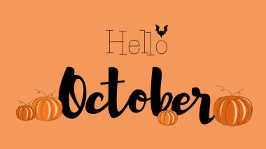  Sonbahar mektupları merhaba Ekim, turuncu arkaplan, siyah ve beyaz, kaligrafi afişi, tipografi afişi, sonbahar metni, sonbahar ayı, balkabakları, cadılar bayramı, siyah yarasalar 