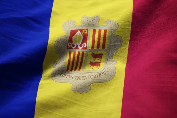 Närbild Ruggig Andorra Flagga Andorra Flaggan Blåser Vinden — Stockfoto