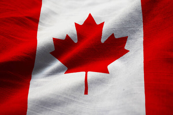 Closeup of Ruffled Canada Flag, Canada Flag Blowing in Wind