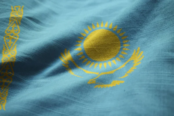 Closeup Ruffled Kazakhstan Flag Kazakhstan Flag Blowing Wind — Stock Photo, Image