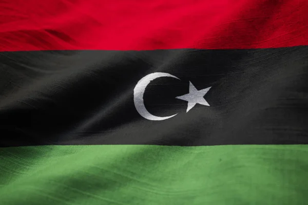 Nahaufnahme Der Gerafften Libyschen Flagge Libysche Flagge Weht Wind — Stockfoto