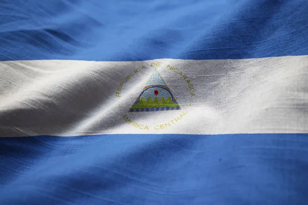 Closeup Ruffled Nicaragua Bandeira Nicarágua Bandeira Soprando Vento — Fotografia de Stock