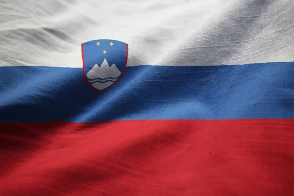 Closeup of Ruffled Slovenia Flag, Slovenia Flag Blowing in Wind