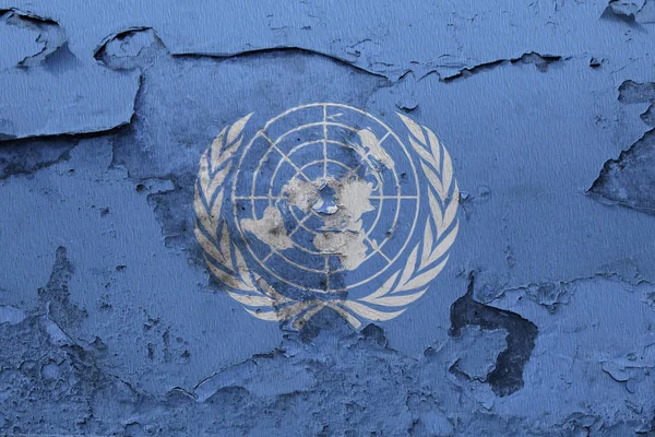 United Nations flag painted on the cracked concrete wall
