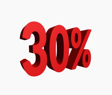 % 30 kırmızı renkli 3d metinden indirim Satılık beyaz arka plan üzerinde izole promosyonlar için