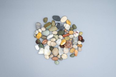 Farklı kıtaların kıyılarından deniz kabukları ve taşların bileşimleri