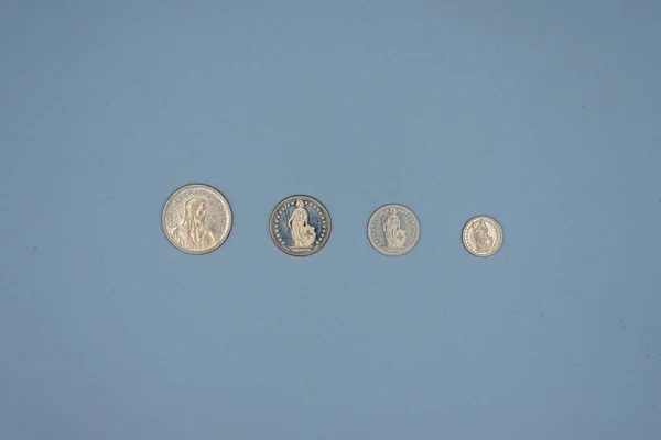 White Coins Gray Background Different Denominations Sizes Switzerland — Stock Photo, Image