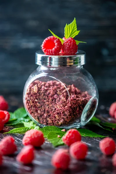 Freeze Dried Raspberries Glass Jar Wooden Spoon Black Background Concept — Stock Photo, Image