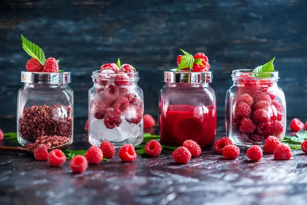 Glass Jars Raspberries Different Forms Fresh Freeze Dried Frozen Mashed — Stock Photo, Image