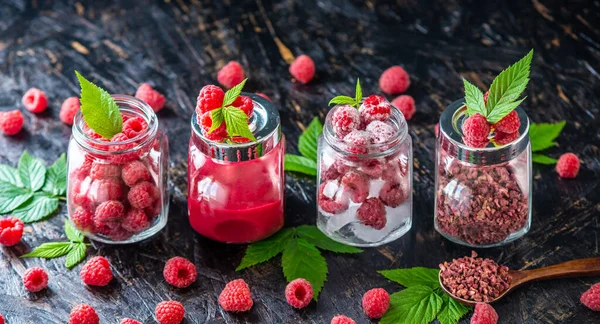 Glass Jars Raspberries Different Forms Fresh Freeze Dried Frozen Puree — Stock Photo, Image