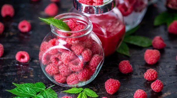 Glass Jars Raspberries Different Forms Fresh Frozen Pureed Concept Storage — Stock Photo, Image