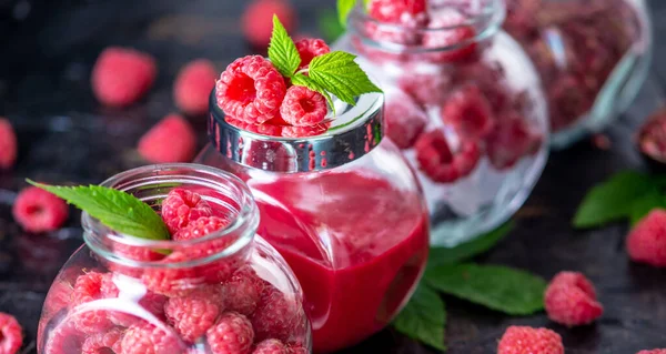 Glass Jars Raspberries Different Forms Fresh Freeze Dried Frozen Mashed — Stock Photo, Image