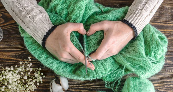 Warm Cozy Green Sweater Process Knitting Hands Folded Shape Heart — Stock Photo, Image