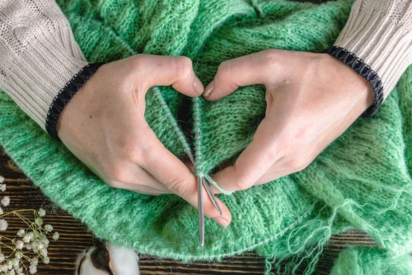 Warm Cozy Green Sweater Process Knitting Hands Folded Shape Heart — Stock Photo, Image