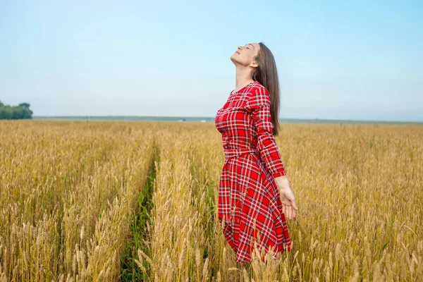 Una Joven Vestida Rojo Disfruta Tranquilidad Libertad Campo Trigo —  Fotos de Stock