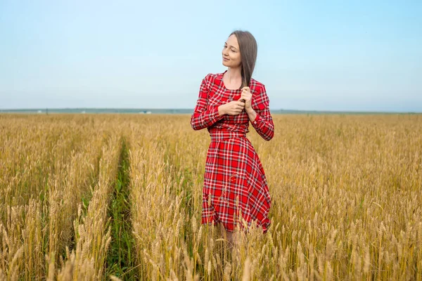 一个穿着红色衣服的年轻女人在美丽的麦田里直着头发 在大自然中享受自由和洁净空气的概念 — 图库照片