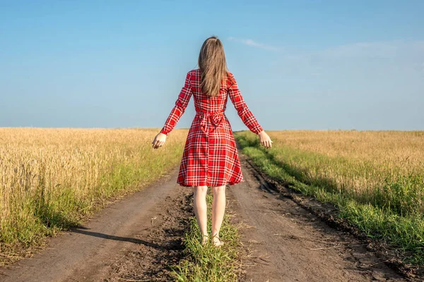 Mujer Joven Vestido Rojo Está Pie Con Espalda Carretera Campo —  Fotos de Stock