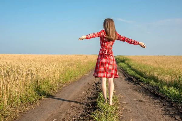 Mujer Joven Vestido Rojo Está Pie Con Espalda Carretera Campo —  Fotos de Stock