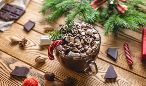 Cup Aromatic Tasty Hot Chocolate Marshmallows Decorated Red Candy Wooden — Stock Photo, Image