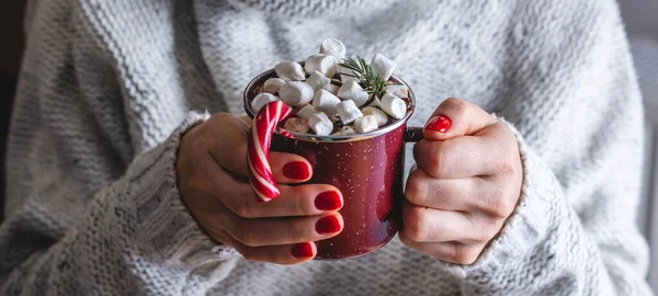 暖かい居心地の良いセーターの女性は マシュマロ 赤いキャンディー クリスマスツリーの枝で飾られたホットチョコレートのカップを持っています お祭り気分のコンセプトと熱い飲み物を楽しむ — ストック写真