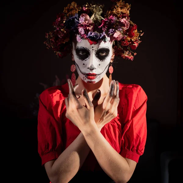Retrato Uma Menina Com Maquiagem Para Crânio Dia Das Bruxas Imagem De Stock