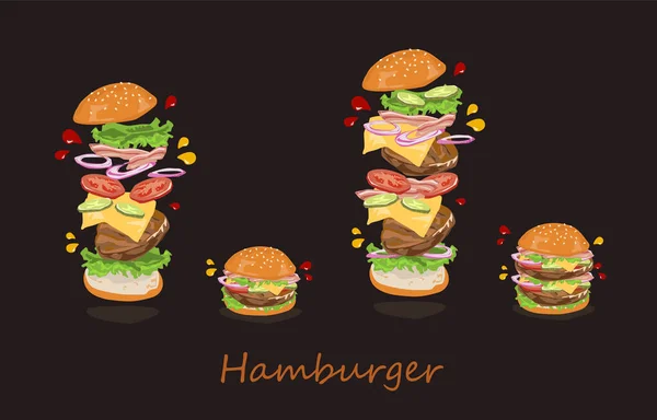 Illustrazione Vettoriale Hamburger Isolati Sfondo Nero — Vettoriale Stock