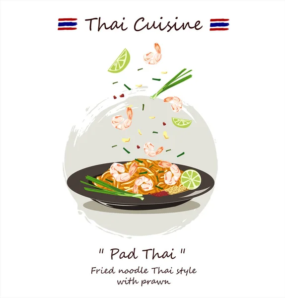 Vektor Ilustrasi Tradisional Pad Thai Mangkuk Terisolasi Atas Putih - Stok Vektor