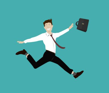 Bir iş adamı yeşil bir zemine atlıyor. Vektör çizimi. İş adamı gülümseyerek tatil için hazırlanıyor..