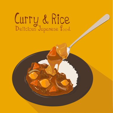 Japanese curry rice with meat, carrot, and potato close-up in spoon on the plate and yellow background. Vector illustration. clipart