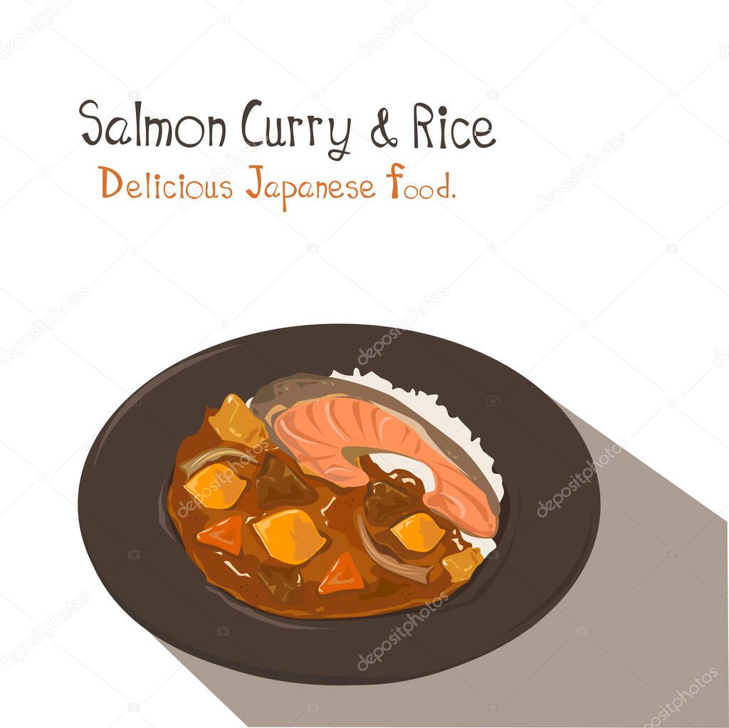 Salmon curry rice vector on white background. Japanese delicious food. Vector Illustration.