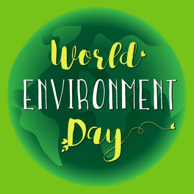 Dünya Çevre günü el yazı yaprak kartı. Dünya Çevre Günü yazı ve yeşil bir arka plan üzerinde izole dünya vektör çizim ile