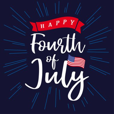 Mutlu 4 temmuzlar, ABD Bağımsızlık günü, yazı ve kirişler arka plan mavi. Mutlu bağımsızlık günü Amerika Birleşik Devletleri kaligrafi tasarım vektör. Dört Temmuz Satılık illüstrasyon