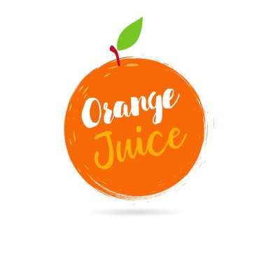Portakal suyu logo tasarımı. Turuncu etiket beyaz zemin üzerine kırmızı grunge boya fırçaları ile. Suyu tasarım, yaratıcı vektör çizim