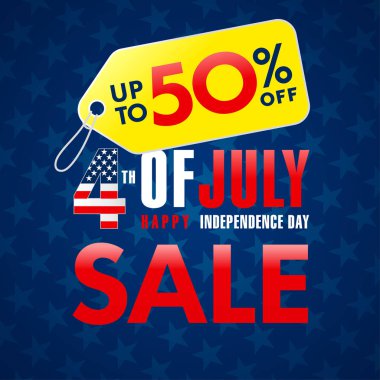 4 Temmuz ABD, bağımsızlık günü satış promosyon afiş. Dört Temmuz satışı el ilanı, özel indirim % 50 kapalı sarı etikette. Online mağaza, Satılık Lacivert vektör arka plan