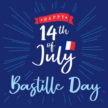 Mutlu Bastille günü banner Yazıtı ve ulusal bayrağını kirişler. Ulusal Tatil Fransa 14 Temmuz vektör tebrik kartı. 1789 yılı Fransa Cumhuriyeti yıldönümünü kutlamak