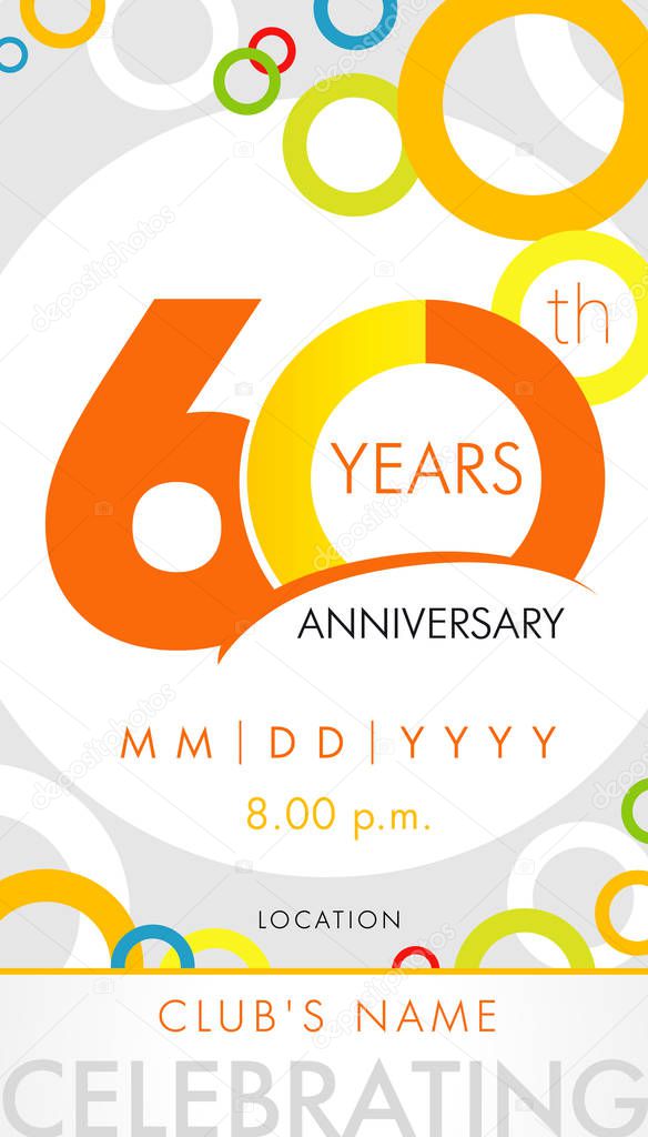 60 years anniversary invitation card, celebration template concept. 60th years anniversary modern design elements with background colored circles. Vector illustration