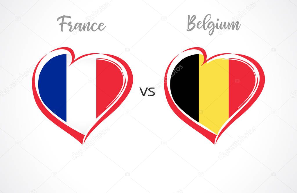 France vs Belgium flags, national team soccer on white background. French and Belgian national flag in a heart, button vector. Football world championship semi-final of the competition 2018