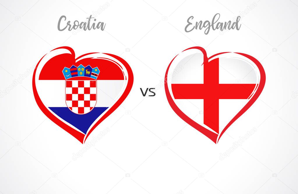 Croatia vs England flags, national team soccer on white background. Croatian and English national flag in a heart, button vector. Football world championship semi-final of the competition 2018