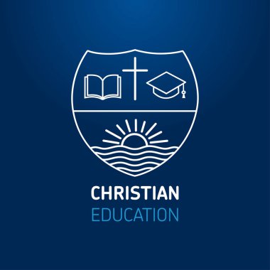 Kilise ya da Hıristiyanlık eğitim, Açık kitap, çapraz, kare akademik kap ve güneş Nehri üzerinde logo. Hıristiyan Üniversitesi veya Pazar Okulu çizgili sanat işareti şablon tema mavi arka plan üzerinde öğrenme. Vektör çizim