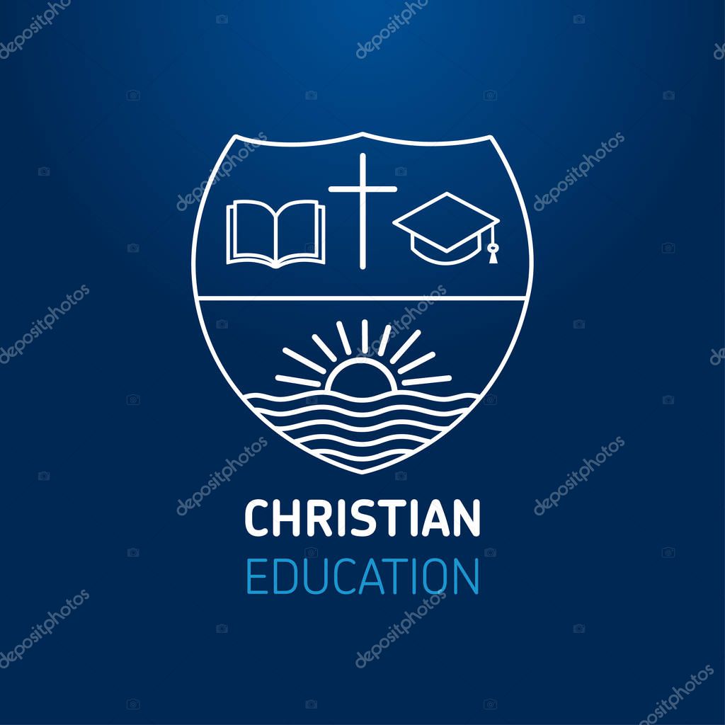 Logo for church or christianity education, open book, cross, square academic cap and sun on river. Christian university or sunday school learning line art sign template design on blue background. Vector illustration