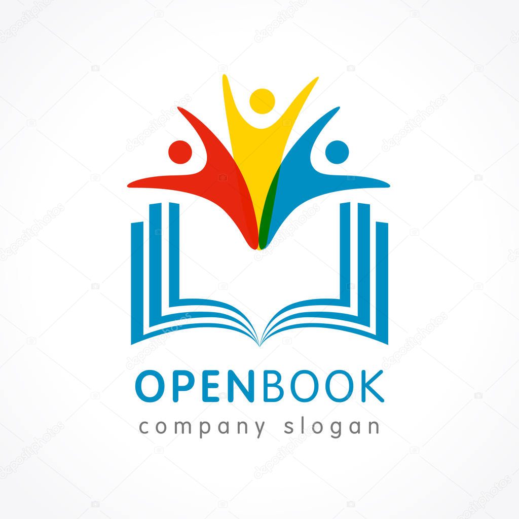 Colorful open book and people logo in rainbow colors. Education symbol for university, library or online learning template design. Vector illustration