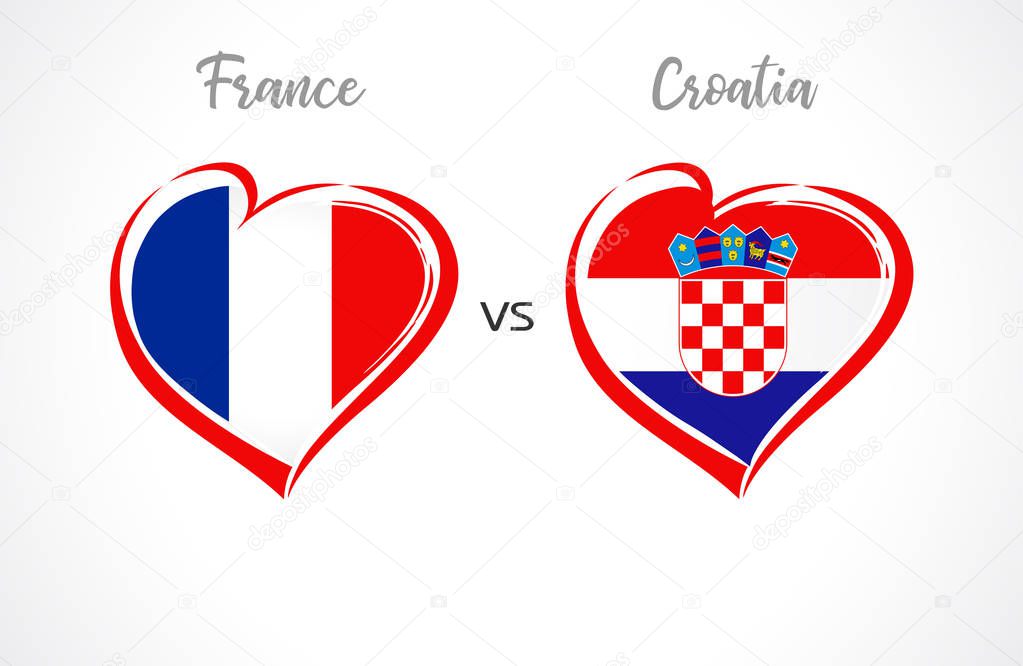 France vs Croatia flags, national team soccer on white background. French and Croatian national flag in a heart, button vector. Football championship final of the competition 2018